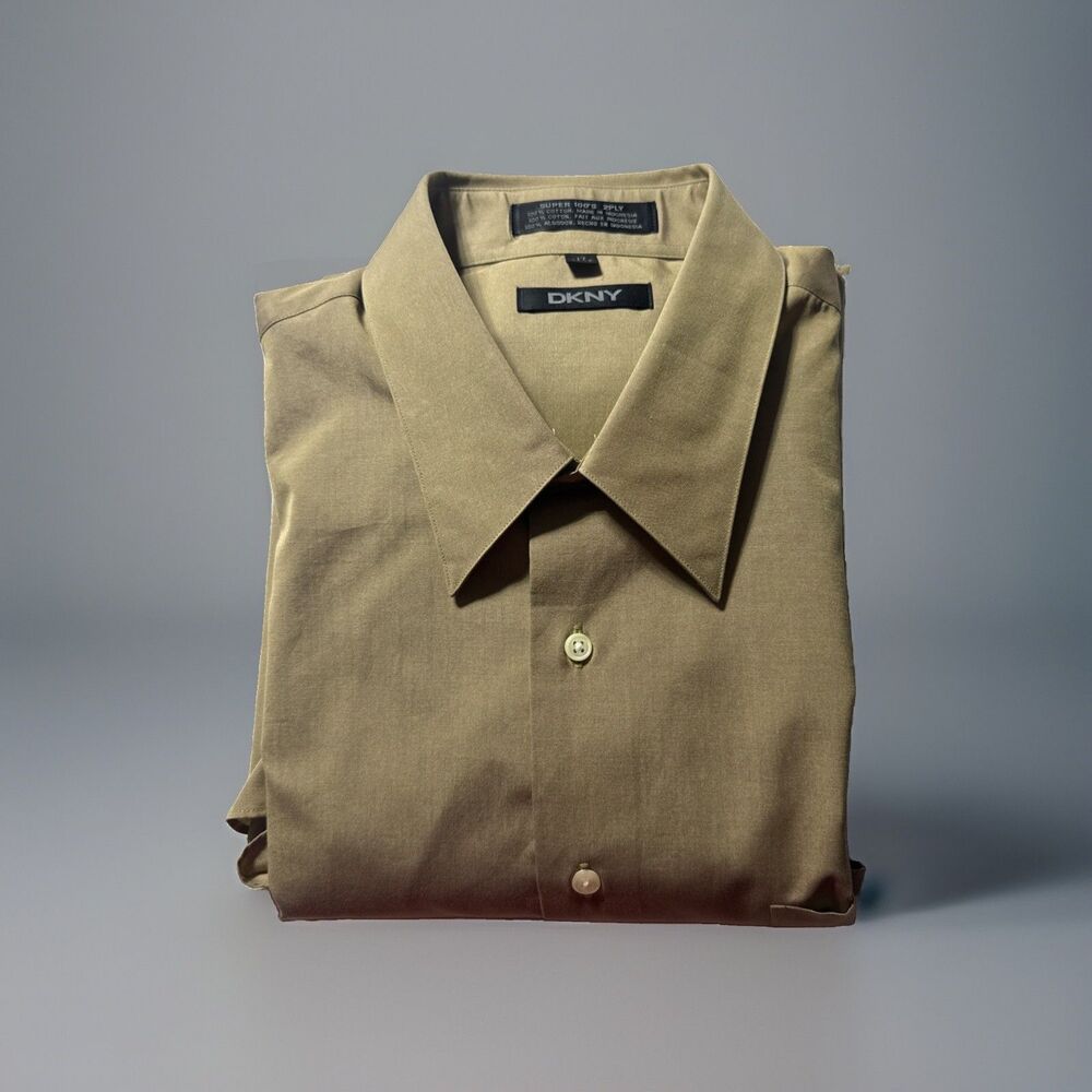 DKNY Mens Long Sleeve Button Down Khaki Shirt, 2PLY 100% Cotton XL/ 17 34-35